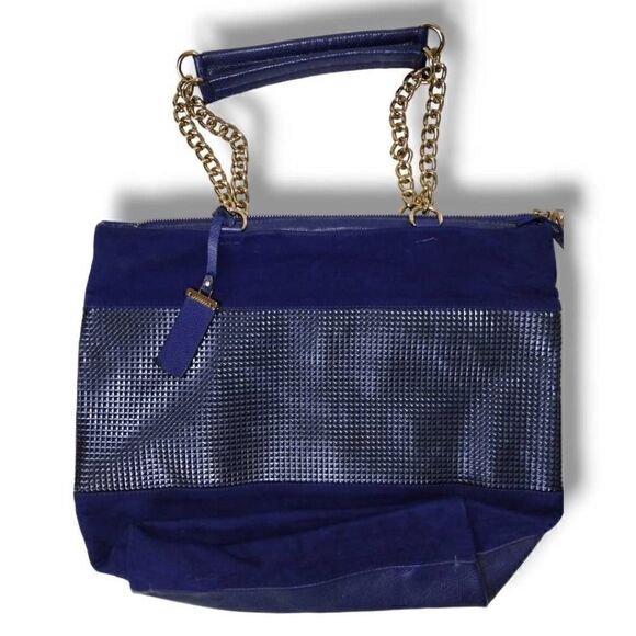 Arezzo Large Bag Blue Leather Gold Chain Carry Handle Zip Top‎ Closure Pockets - Picture 1 of 15